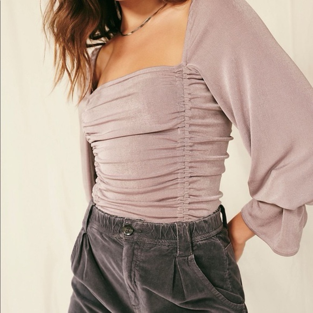 Free People Meant to Be Ruched Bodysuit in Pinky Mauve with Tie Bell Sleeves